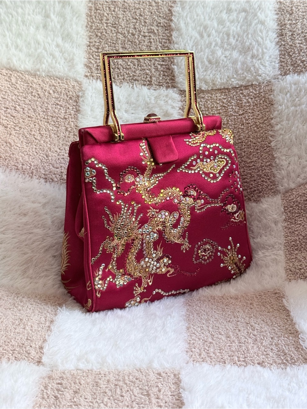 Judith Leiber New York Dragon Bag Crystal Rhinestone Satin Purse Fuschsia Red